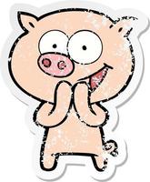 distressed sticker of a cheerful pig cartoon vector