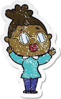 distressed sticker of a cartoon woman wearing spectacles vector