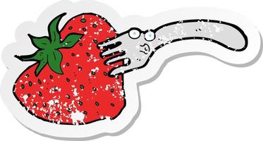 retro distressed sticker of a cartoon fork in giant strawberry vector