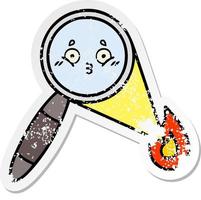 distressed sticker of a cute cartoon magnifying glass vector