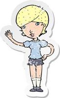 retro distressed sticker of a cartoon girl waving vector