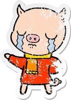 distressed sticker of a cartoon crying pig wearing scarf vector