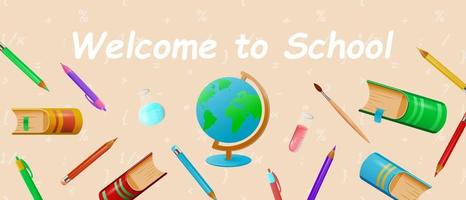 School banner with globe and stationery. Vector illustration.