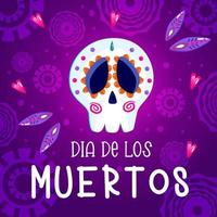 Muertos poster, day dead with skull on purple background. Halloween costume. Cartoon vector illustration. Holiday Muertos background. Mexico catrina skeleton poster.