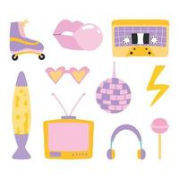 Set of retro stickers. Collection of elements in the style of the 60s 70s. Vector illustration. Clip art in retro style. Retro objects. Cassette, rollers, disco ball, lollipop, TV.