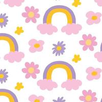 Groovy pattern with flowers and rainbow. Retro pattern with pink flowers. Seamless pattern in 60s or 70s style. Vector illustration.