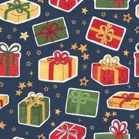 Vector modern seamless pattern with colorful hand draw illustration of Christmas gifts. For wallpaper, textile print, pattern fills, web page, surface textures, wrapping paper, design of presentation