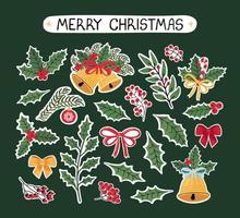 Vector modern colorful set with hand drawn doodle illustrations of Christmas objects and lettering, stickers. Use it as elements for design greeting cards , poster, card, packaging paper design