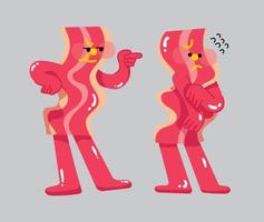 personaje de tocino señalando y diseño de mascota plana de pánico vector