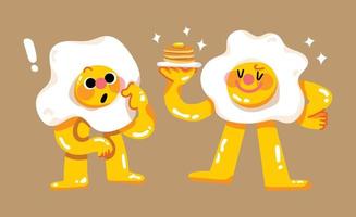 Fried Egg Character Holding Pancake Flat Mascot Design vector