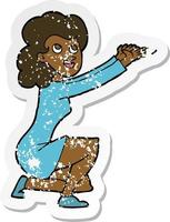 retro distressed sticker of a cartoon woman presentation gesture vector