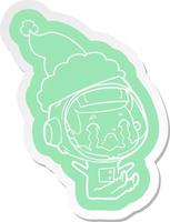 cartoon  sticker of a crying astronaut wearing santa hat vector