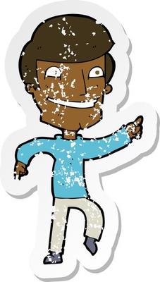 retro distressed sticker of a cartoon happy man pointing