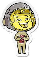 distressed sticker of a cartoon laughing astronaut vector