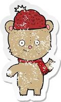 retro distressed sticker of a cartoon bear in hat vector