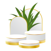 White and Gold 3D Podium with Tropical Leaf and Golden Arch Perfect for Product Display, Layout, and Showcase png