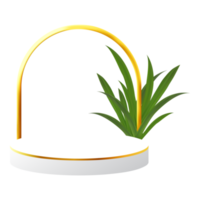 pódio 3d branco e dourado com folha tropical e arco dourado perfeito para exibição, layout e vitrine de produtos png