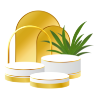 pódio 3d branco e dourado com folha tropical e arco dourado perfeito para exibição, layout e vitrine de produtos png