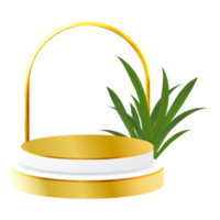 podio 3d blanco y dorado con hoja tropical y arco dorado perfecto para exhibir, diseñar y exhibir productos png