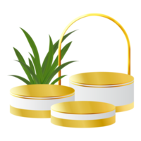 Weiß-goldenes 3D-Podium mit tropischem Blatt und goldenem Bogen, perfekt für Produktpräsentation, Layout und Vitrine png