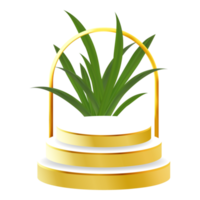 pódio 3d branco e dourado com folha tropical e arco dourado perfeito para exibição, layout e vitrine de produtos png