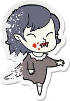 distressed sticker of a cartoon vampire girl with blood on cheek vector