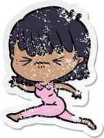 distressed sticker of a cartoon woman jumping vector