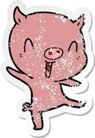 distressed sticker of a cartoon pig dancing vector