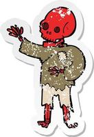 retro distressed sticker of a cartoon skeleton waving vector