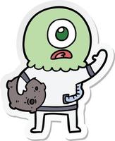 sticker of a cartoon cyclops alien spaceman waving vector