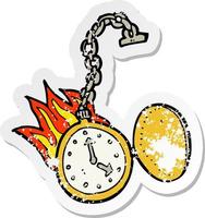 retro distressed sticker of a cartoon flaming watch vector