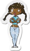 retro distressed sticker of a cartoon offended woman covering herself vector