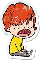 distressed sticker of a cartoon woman talking vector