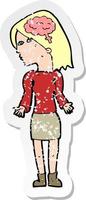 retro distressed sticker of a cartoon clever woman shrugging shoulders vector