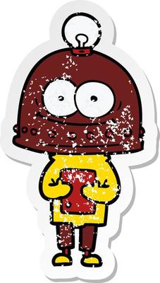 distressed sticker of a happy carton robot with light bulb