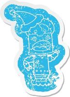 cartoon distressed sticker of a robot wearing santa hat vector