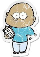 distressed sticker of a cartoon bald man staring vector