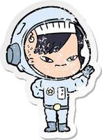 distressed sticker of a cartoon astronaut woman vector