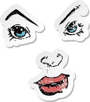 retro distressed sticker of a cartoon comic book face vector