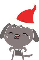 happy flat color illustration of a dog wearing santa hat vector