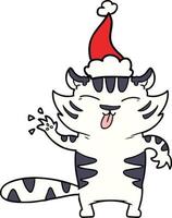 line drawing of a white tiger wearing santa hat vector