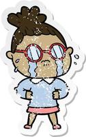 distressed sticker of a cartoon crying woman wearing spectacles vector