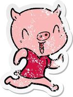 distressed sticker of a happy cartoon pig vector