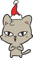 line drawing of a cat wearing santa hat vector