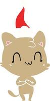 flat color illustration of a happy cat wearing santa hat vector