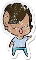 distressed sticker of a cute cartoon girl with hipster haircut vector