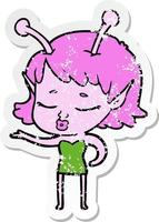 distressed sticker of a cute alien girl cartoon vector