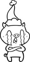 crying pig line drawing of a wearing santa hat vector