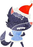 retro cartoon of a wolf showing teeth wearing santa hat vector