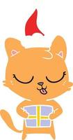 cute flat color illustration of a cat wearing santa hat vector